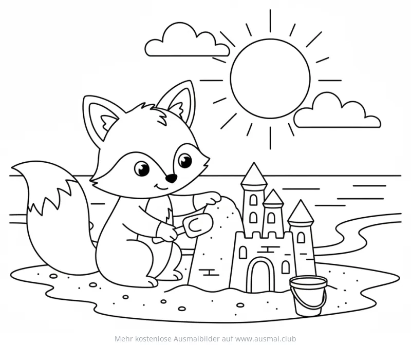 Fuchs baut Sandburg am Strand Ausmalbild