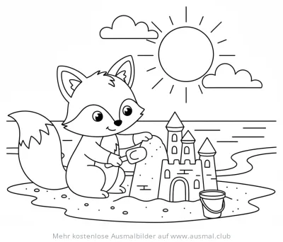 Fuchs baut Sandburg am Strand Ausmalbild