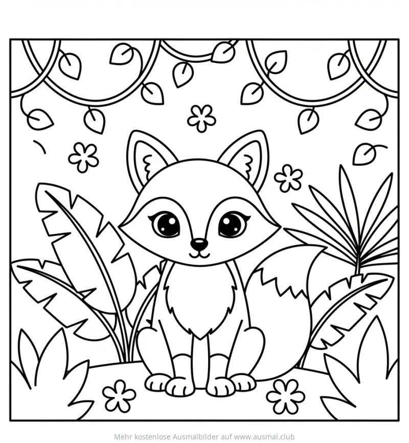 Fuchs im Dschungel Ausmalbild mit Blättern und Blüten
