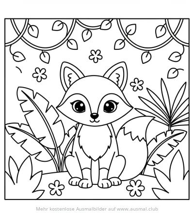 Fuchs im Dschungel Ausmalbild mit Blättern und Blüten