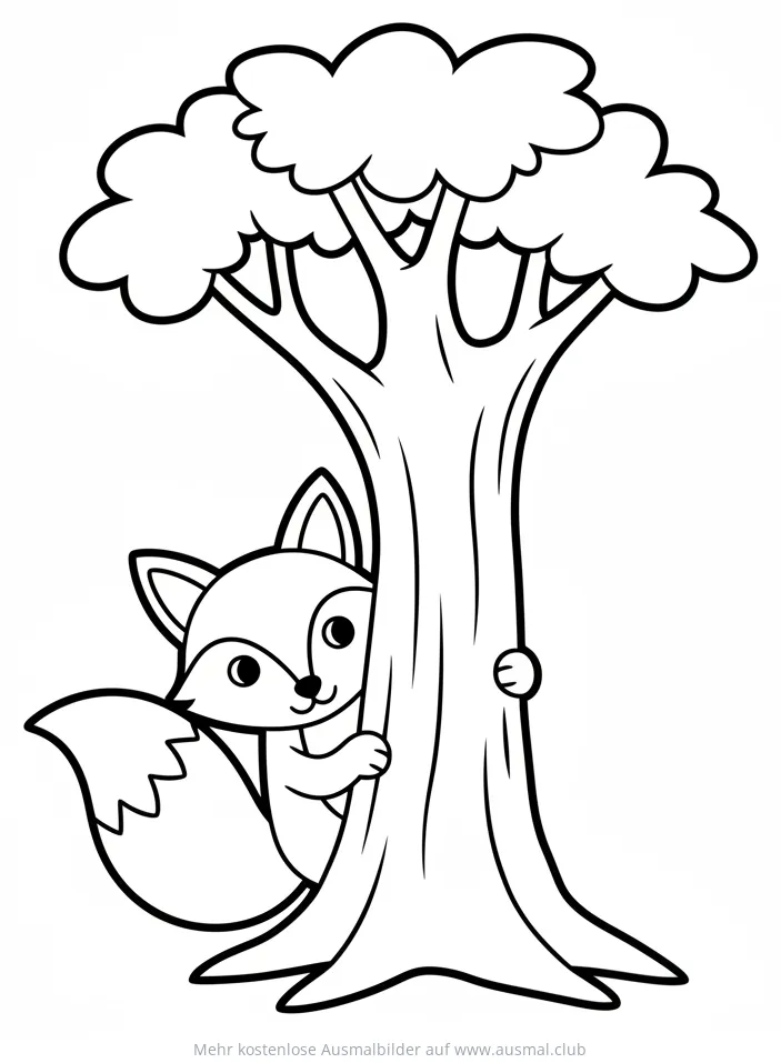 Fuchs versteckt sich hinter Baum Ausmalbild