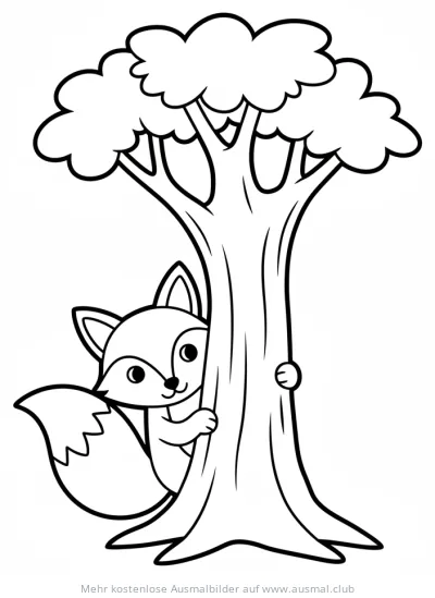 Fuchs versteckt sich hinter Baum Ausmalbild