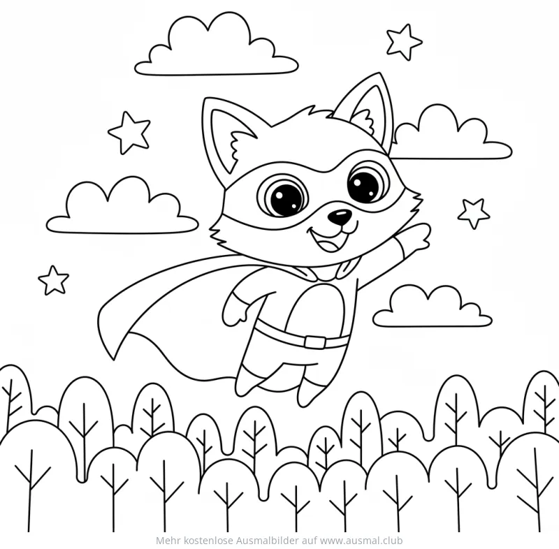 Fuchs Superheld mit Umhang fliegt über Baumlandschaft Ausmalbild