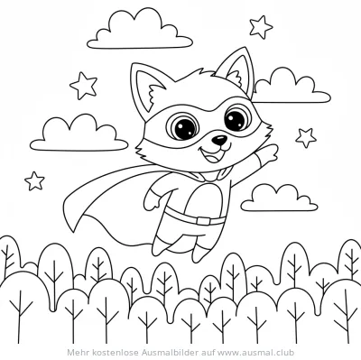 Fuchs Superheld mit Umhang fliegt über Baumlandschaft Ausmalbild