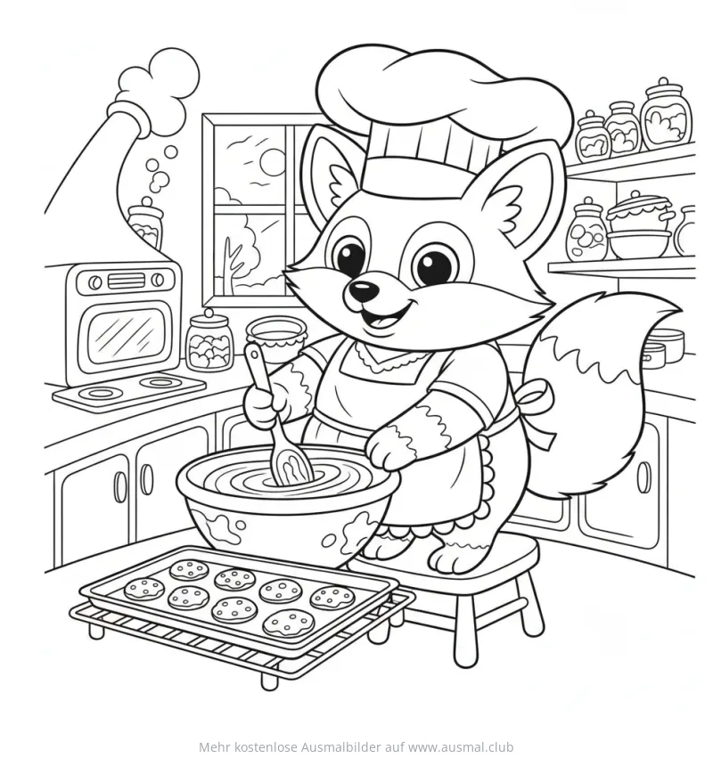 Fuchs als Bäcker in der Küche Ausmalbild
