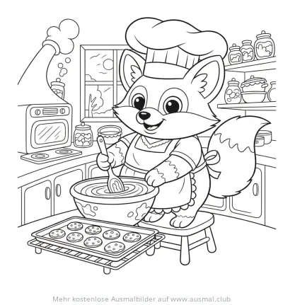 Fuchs als Bäcker in der Küche Ausmalbild