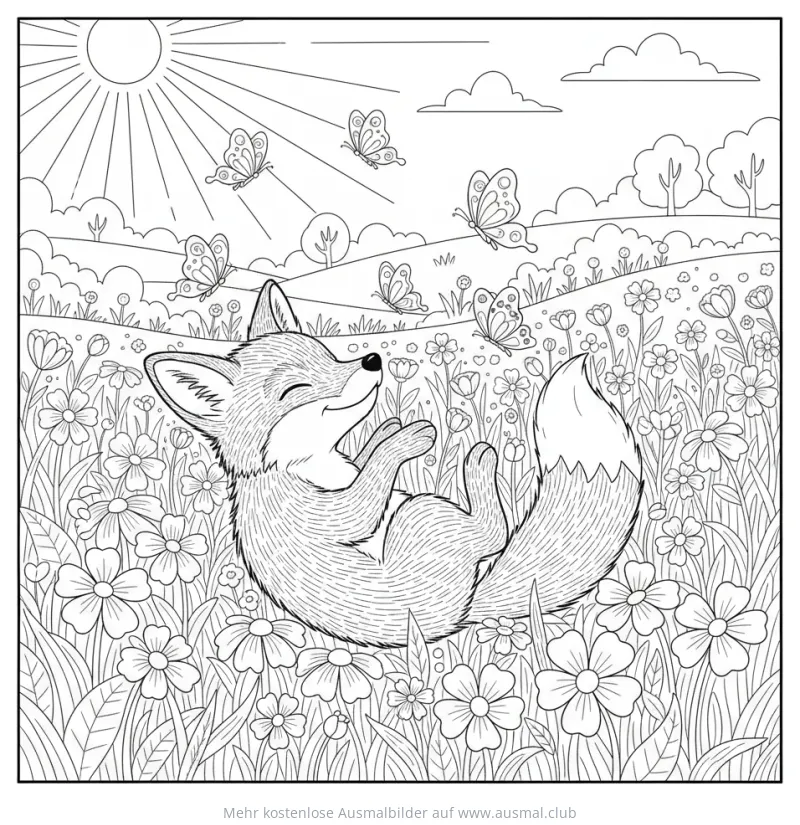 Fuchs Welpe liegt in Blumenwiese, Ausmalbild
