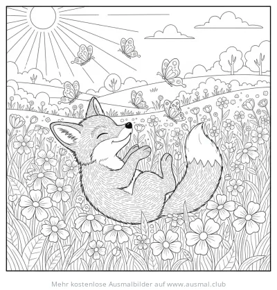 Fuchs Welpe liegt in Blumenwiese, Ausmalbild