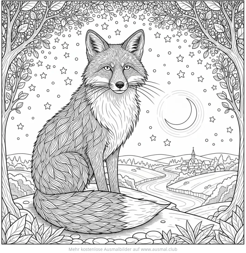 Fuchs Ausmalbild mit Dorf, Mond und Sternen