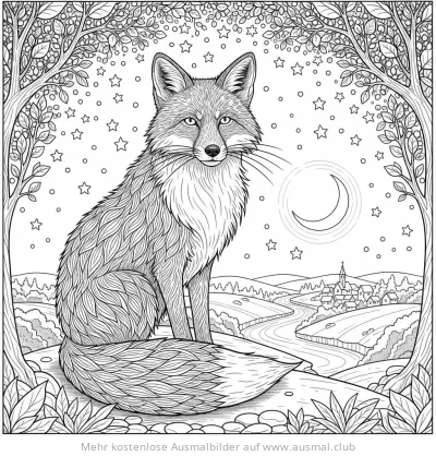 Fuchs Ausmalbild mit Dorf, Mond und Sternen