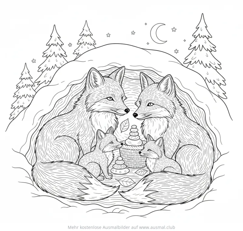 Fuchs Familie Ausmalbild vor ihrem Bau