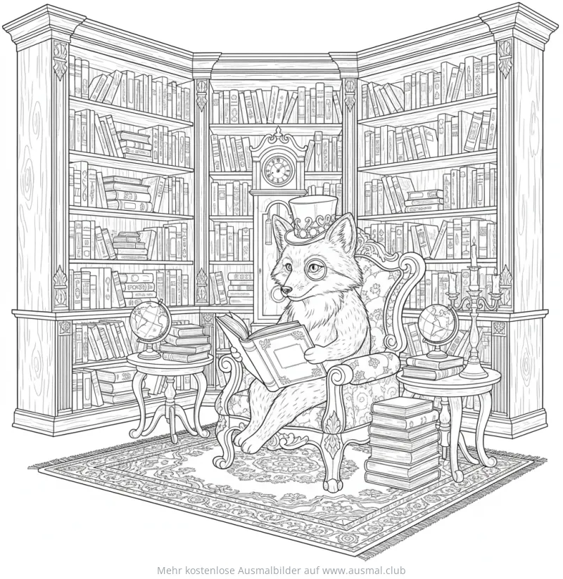 Fuchs als Gelehrter mit Monokel und Zylinder in einer Bibliothek Ausmalbild