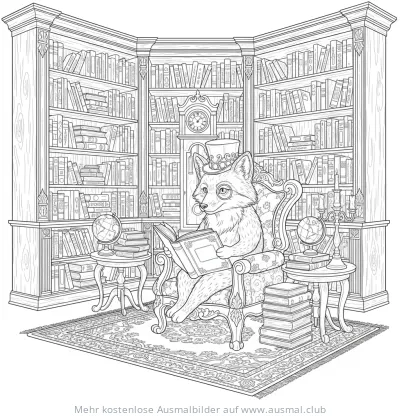 Fuchs als Gelehrter mit Monokel und Zylinder in einer Bibliothek Ausmalbild