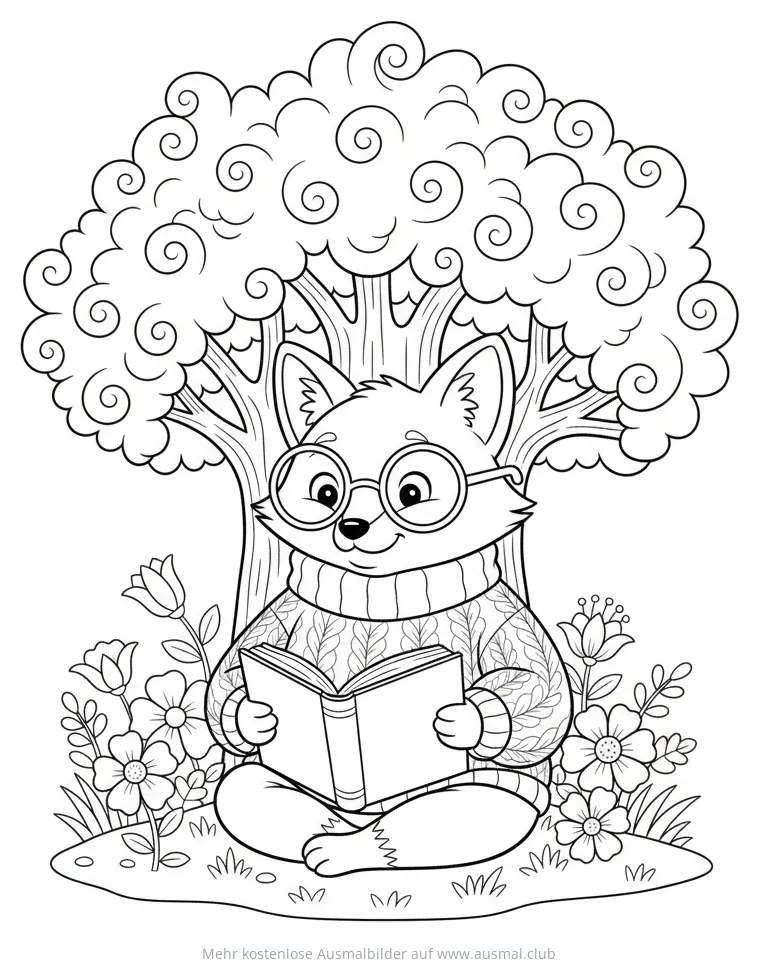 Fuchs mit Brille liest Buch unter Baum Ausmalbild