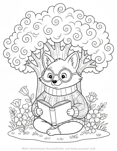Fuchs mit Brille liest Buch unter Baum Ausmalbild