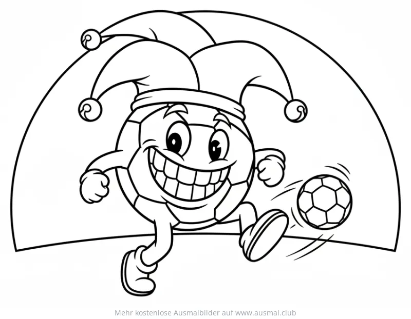 Fußball mit Narrenkappe dribbelt Ball Ausmalbild