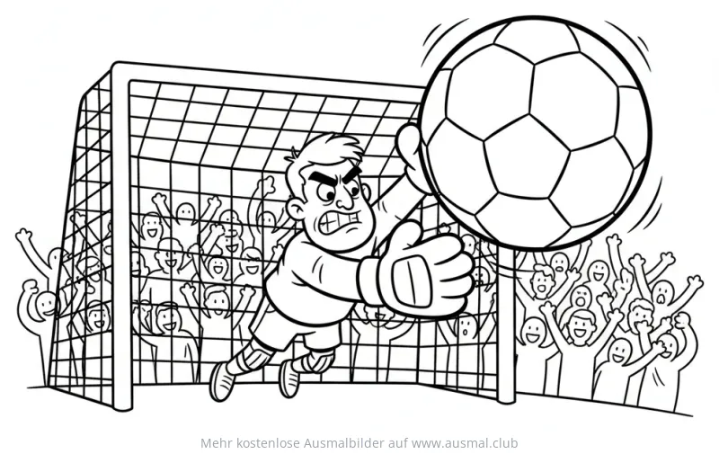 Torwart hält einen Fußball vor einer jubelnden Menge Ausmalbild