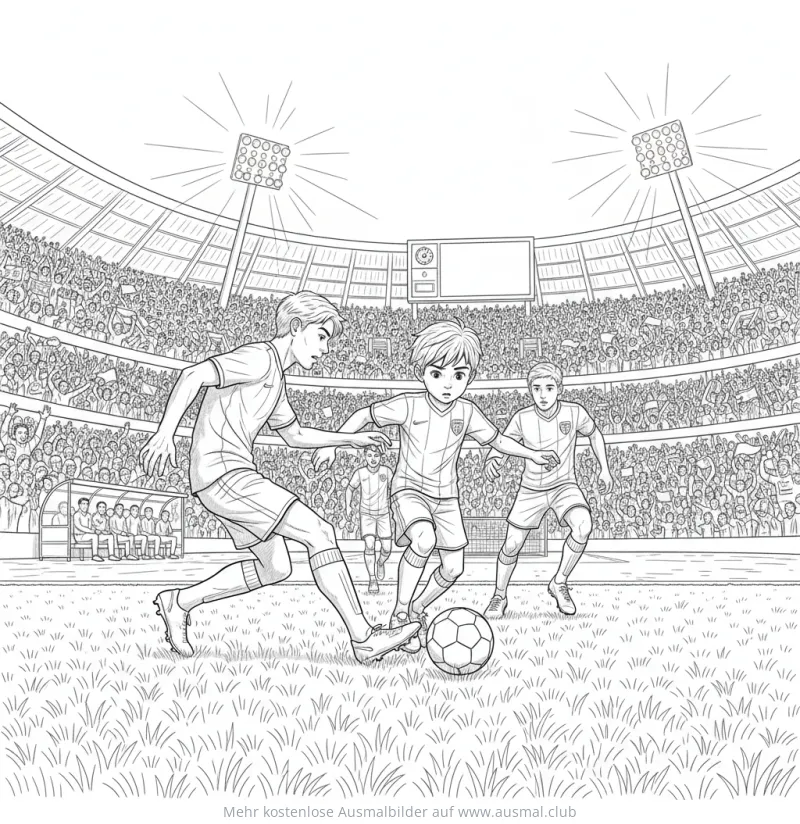 Fußballspiel Ausmalbild mit spielenden Jungen vor Publikum