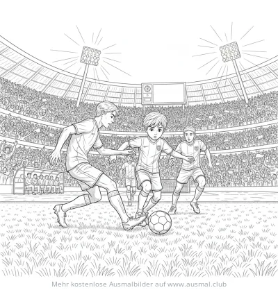 Fußballspiel Ausmalbild mit spielenden Jungen vor Publikum