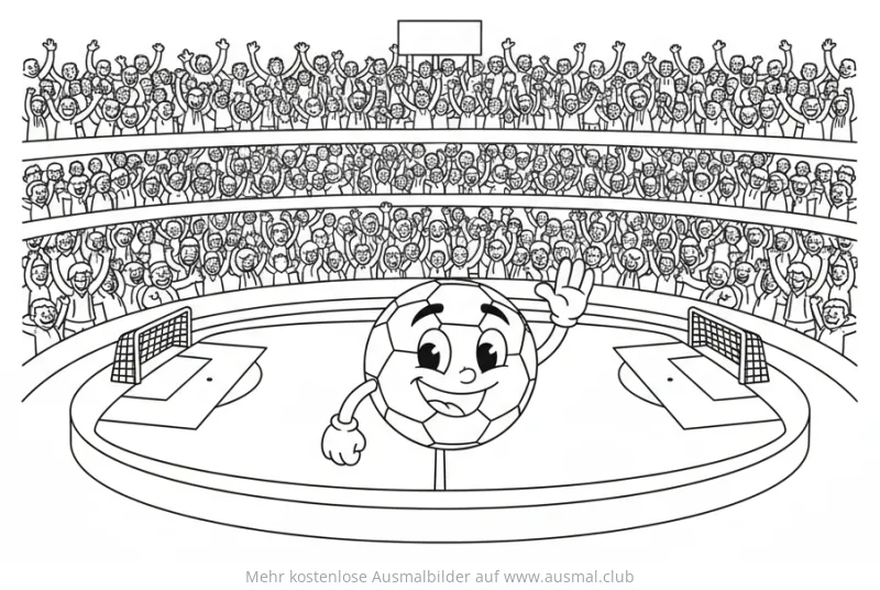 Fußballstadion mit jubelnden Fans und Fußball-Maskottchen Ausmalbild
