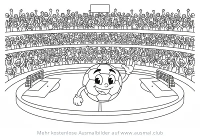 Fußballstadion mit jubelnden Fans und Fußball-Maskottchen Ausmalbild