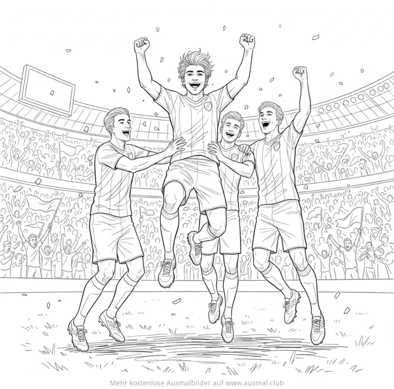 Jubelnde Fußballmannschaft im Stadion Ausmalbild