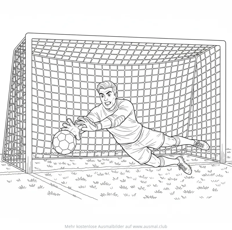 Fußball Torwart beim Hechten vor dem Tor Ausmalbild