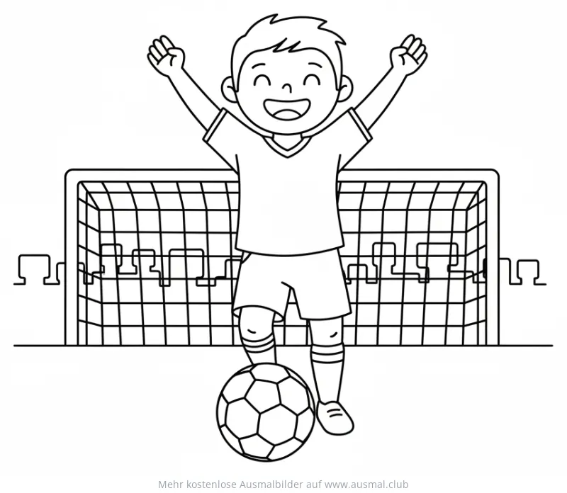 Jubelnder Fußballspieler vor Tor Ausmalbild