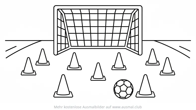 Fußballtraining mit Tor, Hütchen und Ball Ausmalbild