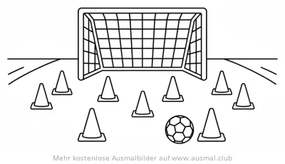 Fußballtraining mit Tor, Hütchen und Ball Ausmalbild