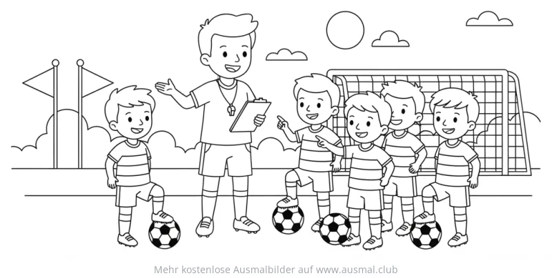 Fußballtrainer erklärt Kindern die nächste Übung Ausmalbild
