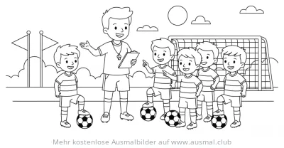Fußballtrainer erklärt Kindern die nächste Übung Ausmalbild