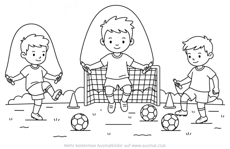Fußball Jungen springen Seil Ausmalbild vor Fußballtor