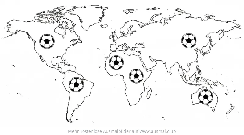 Weltkarte Ausmalbild mit Fussbällen auf den Kontinenten