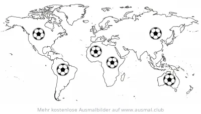 Weltkarte Ausmalbild mit Fussbällen auf den Kontinenten