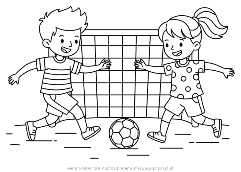 Junge und Mädchen spielen Fußball vor einem Tor Ausmalbild