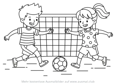 Junge und Mädchen spielen Fußball vor einem Tor Ausmalbild