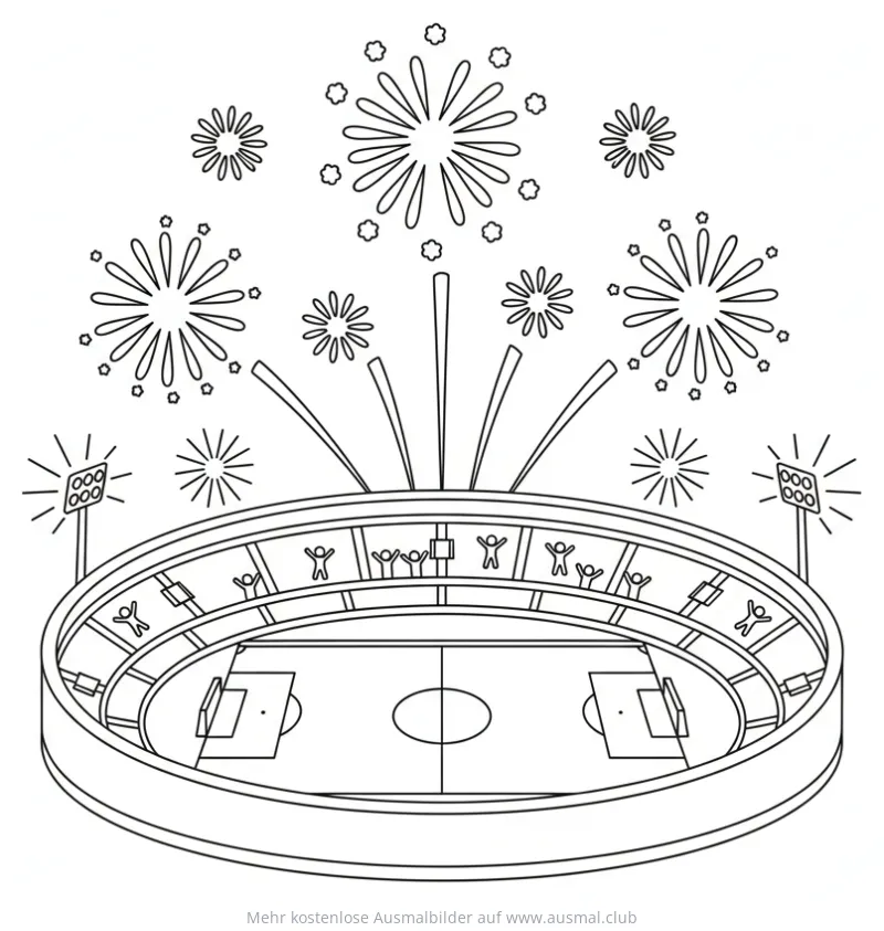 Fußballstadion mit Feuerwerk Ausmalbild