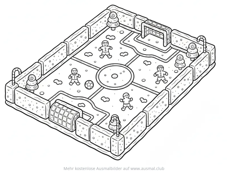 Lebkuchen Fußballfeld mit Lebkuchenmännern und Zuckerwatte-Wolken Ausmalbild