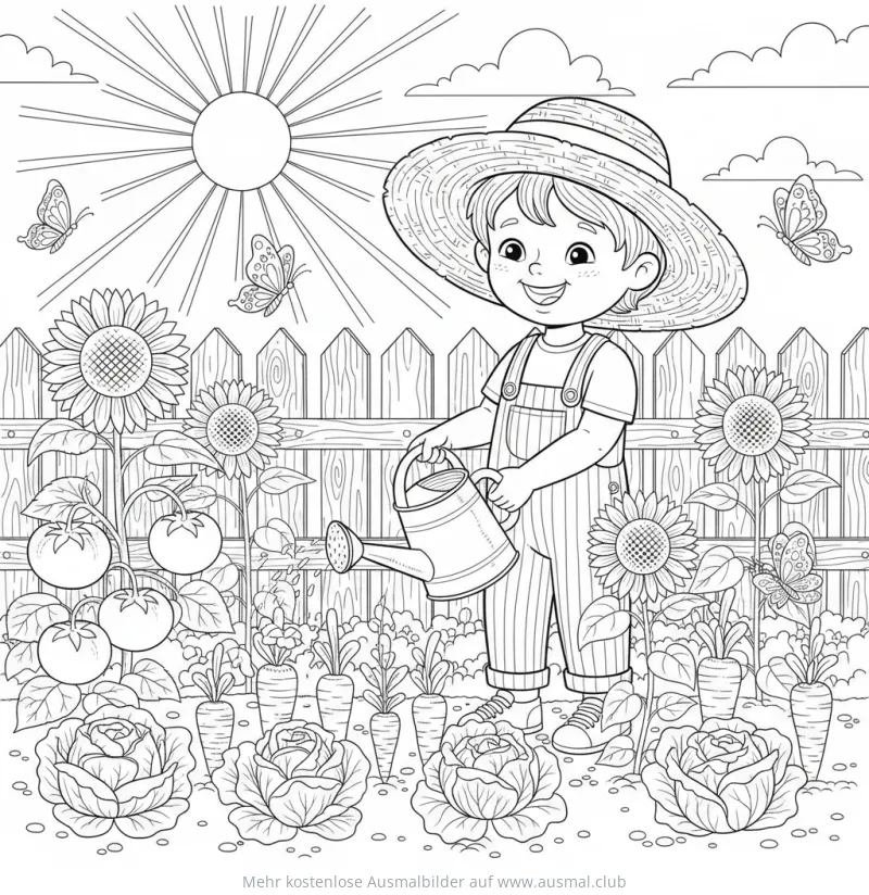 Junge gießt Gemüsegarten Ausmalbild mit Sonnenblumen, Tomaten, Karotten und Kohl