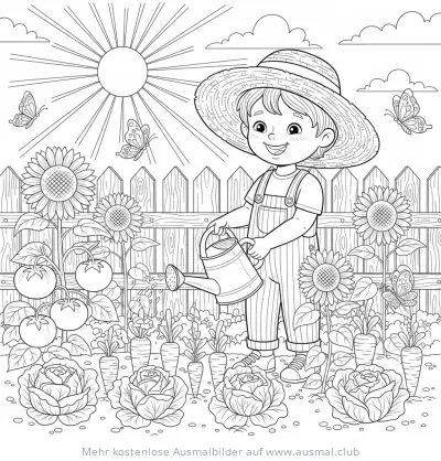 Junge gießt Gemüsegarten Ausmalbild mit Sonnenblumen, Tomaten, Karotten und Kohl