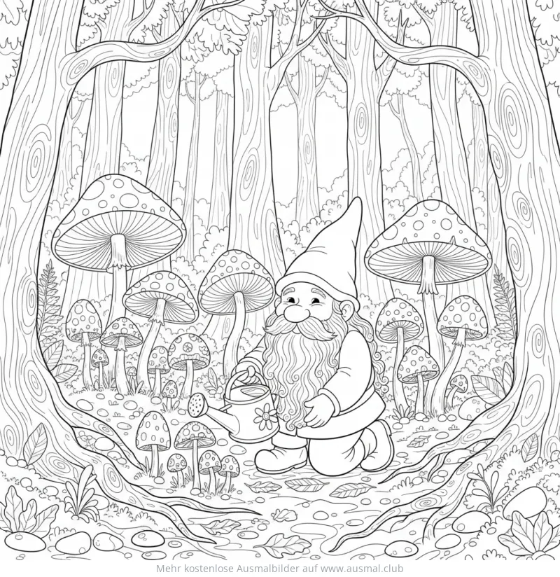 Gartenzwerg mit Gießkanne im Wald zwischen Pilzen Ausmalbild