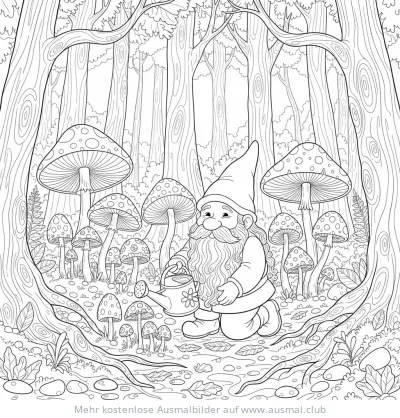 Gartenzwerg mit Gießkanne im Wald zwischen Pilzen Ausmalbild