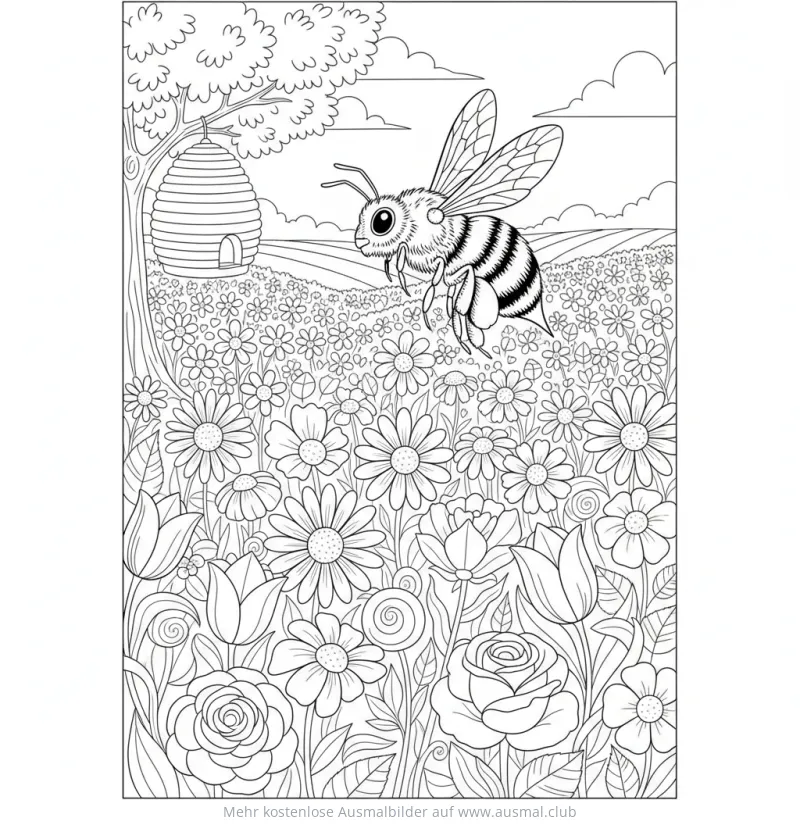 Biene fliegt über Blumenwiese Ausmalbild