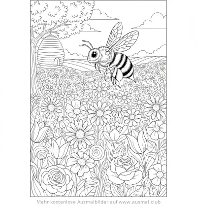 Biene fliegt über Blumenwiese Ausmalbild