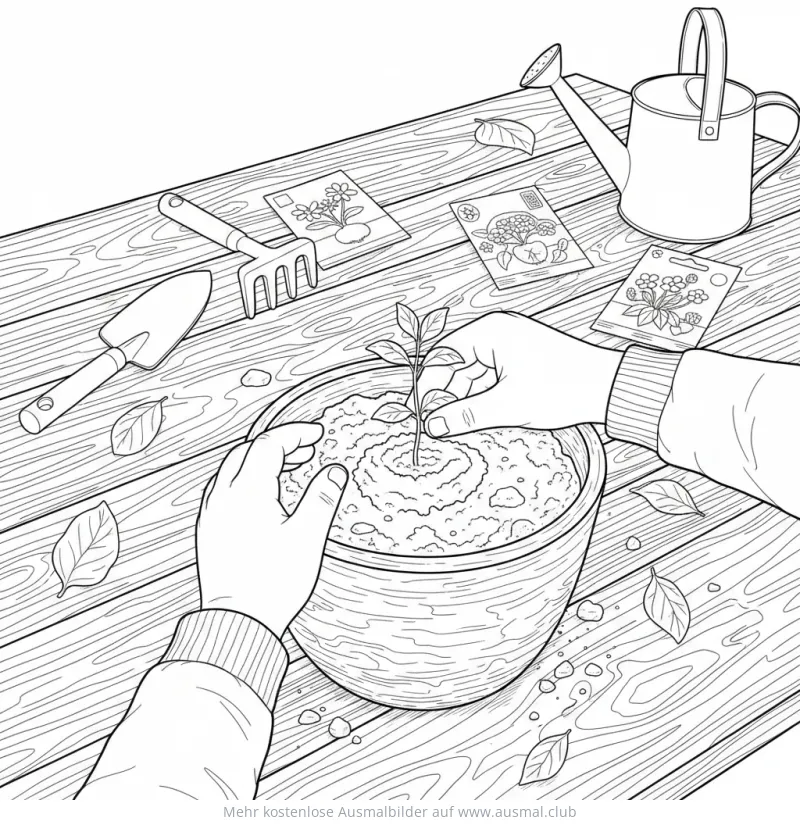 Pflanze einpflanzen Ausmalbild mit Gartengeräten