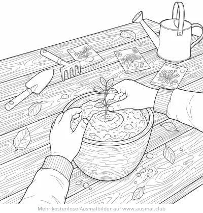 Pflanze einpflanzen Ausmalbild mit Gartengeräten