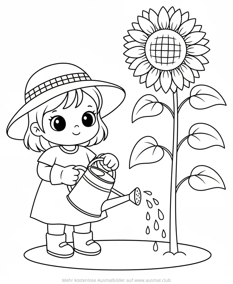Mädchen gießt Sonnenblume Ausmalbild