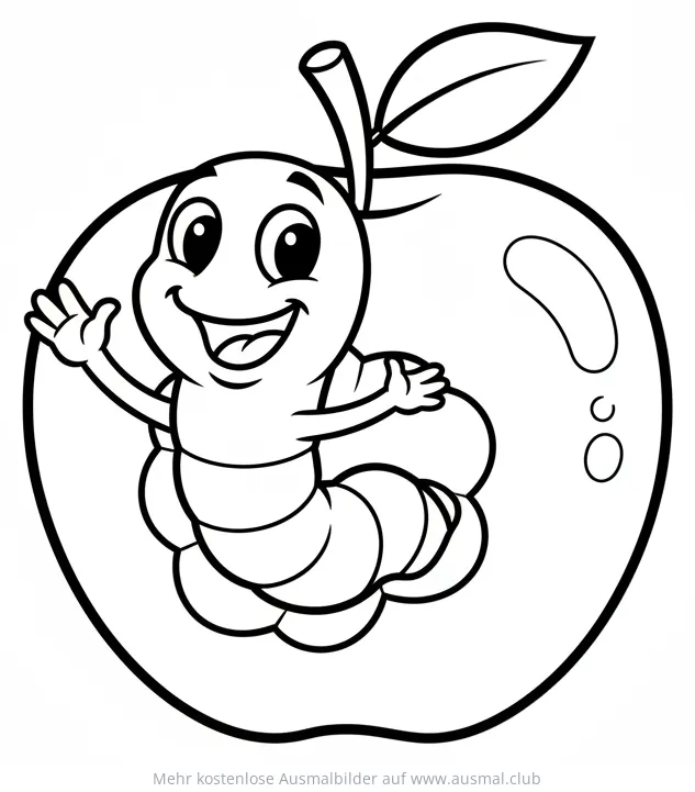 Freundlicher Apfelwurm winkt aus einem Apfel Ausmalbild