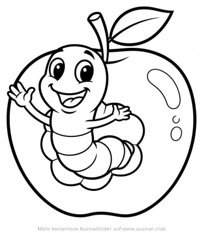 Freundlicher Apfelwurm winkt aus einem Apfel Ausmalbild